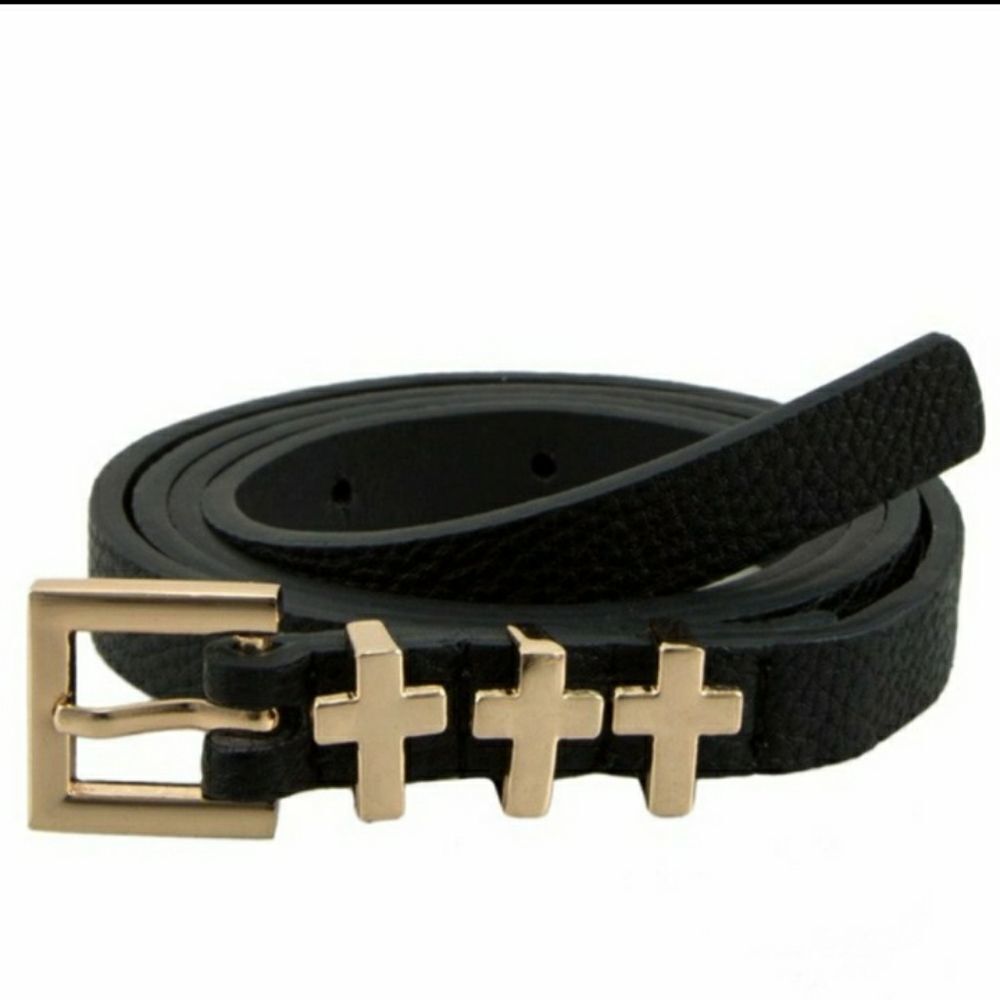 Callie Cross Metallic Gold Skinny Black Vegan/faux Leather Belt